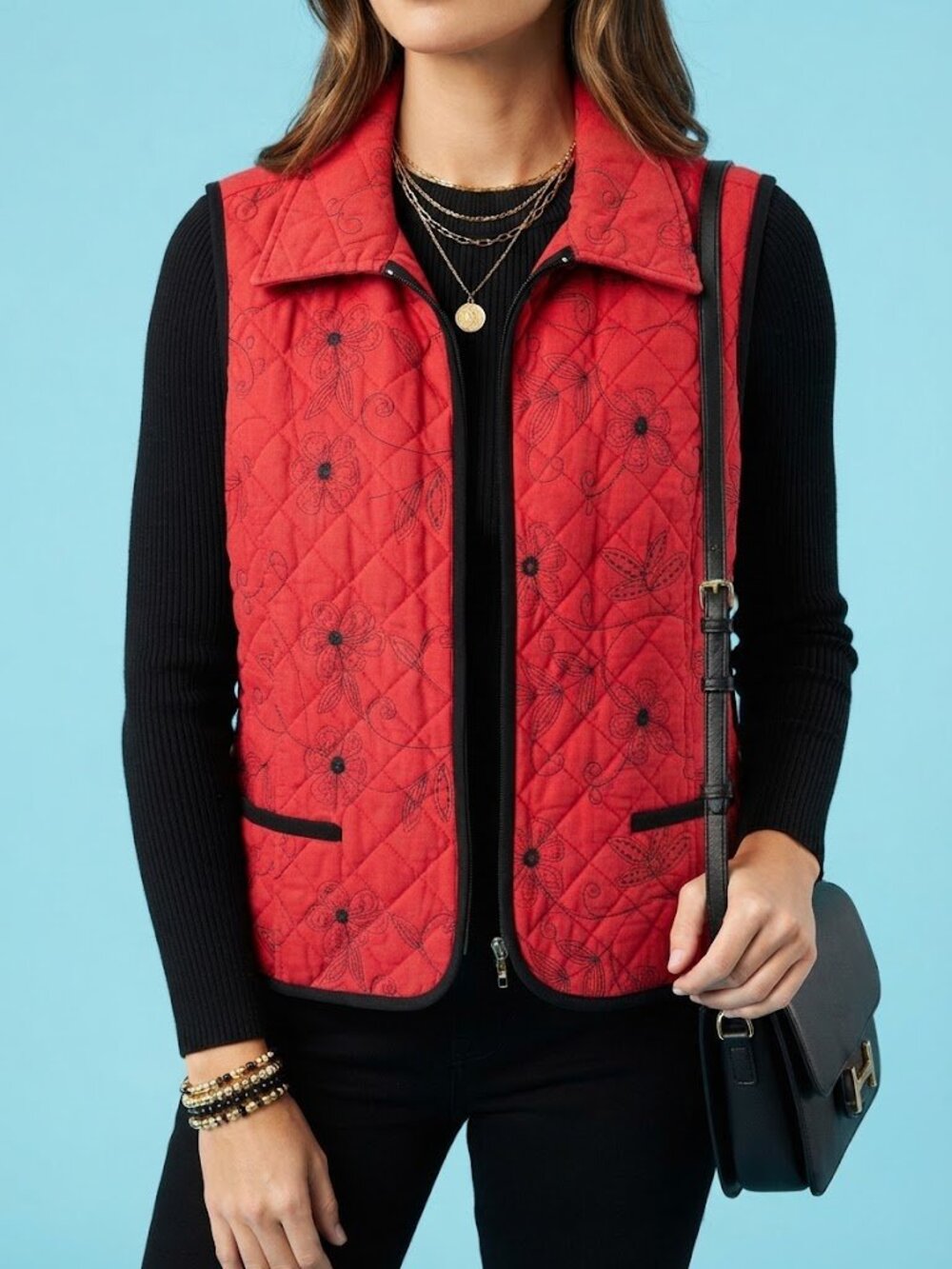 Red Quilted Vest with Black Embroidery & Trim